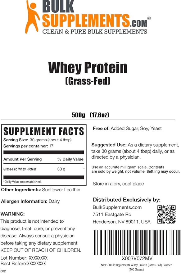 BulkSupplements.com Grass Fed Whey Protein Powder - Unflavored Whey Protein Powder, Grass Feed Whey Protein Concentrate - Gluten Free, 30g per Serving, 500g (1.1 lbs) (Pack of 1)