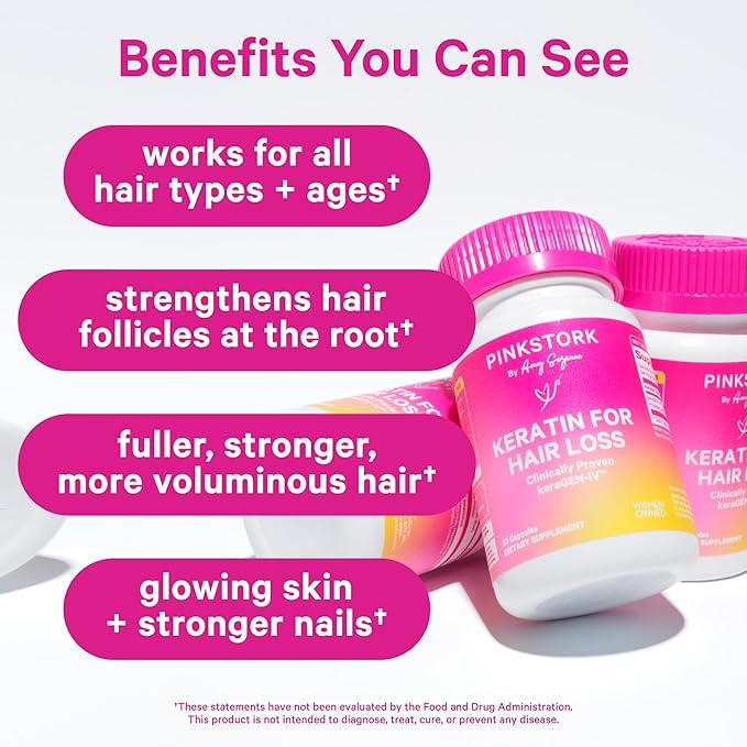 Pink Stork Keratin Hair Loss Supplement for Women - Clinically Studied KeraGEN-IV for Hair Care, Thinning, Shedding and Beauty - Hair Skin and Nails Support - Postpartum Hair Growth - 30 Capsules