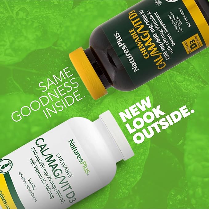 Natures Plus Chewable Cal/Mag/VIT D3 with Vitamin K2-60 Chewable Tablets - Vanilla Flavor - Bone Health Supplement with Calcium, Magnesium, Vitamin D3 and K2 - Gluten-Free - 30 Servings