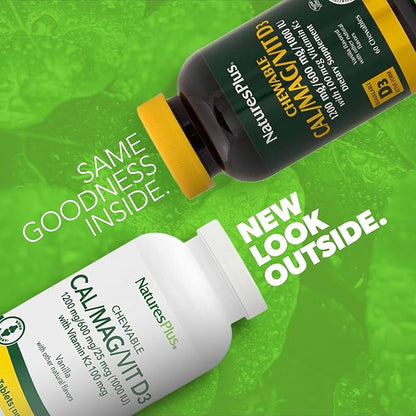 Natures Plus Chewable Cal/Mag/VIT D3 with Vitamin K2-60 Chewable Tablets - Vanilla Flavor - Bone Health Supplement with Calcium, Magnesium, Vitamin D3 and K2 - Gluten-Free - 30 Servings