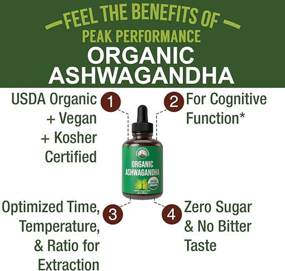 Ashwagandha Liquid Drops. USDA Organic Vegan Supplement. Extra Strength Ashwagandha Root Extract For Women, Men, Kids. With Adaptogens. Zero Sugar, Organic, Gluten Free Tincture Supplements.