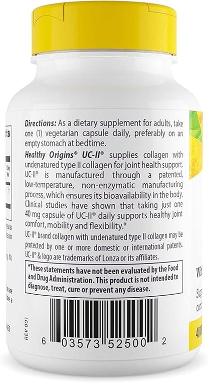 Healthy Origins UC-II, 40 mg - Premium Collagen Supplement for Joint Health, Mobility & Flexibility - Undenatured Type II Collagen - Gluten-Free & Non-GMO Supplement - 60 Veggie Caps