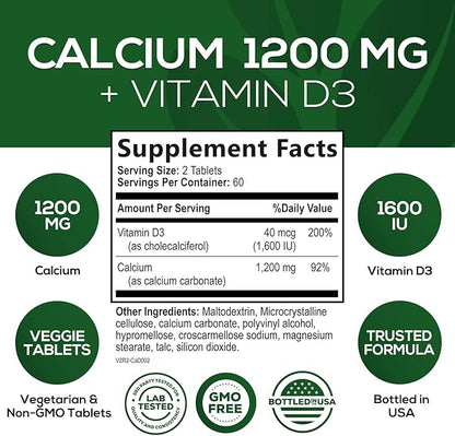 Calcium 1200 mg with Vitamin D3, Calcium Supplement Vitamins, Supports Bone Strength, Teeth & Immune System, Calcium Supplements for Women & Men, Nature's Absorbable Calcium Carbonate - 120 Tablets
