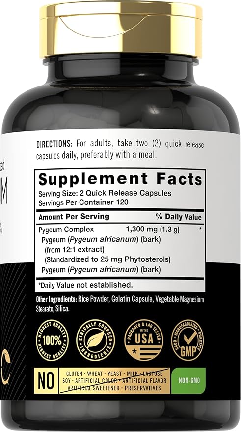 Carlyle Pygeum Supplement 1300mg | 240 Capsules | Non-GMO, Gluten Free | Africanum Bark Extract Supplement