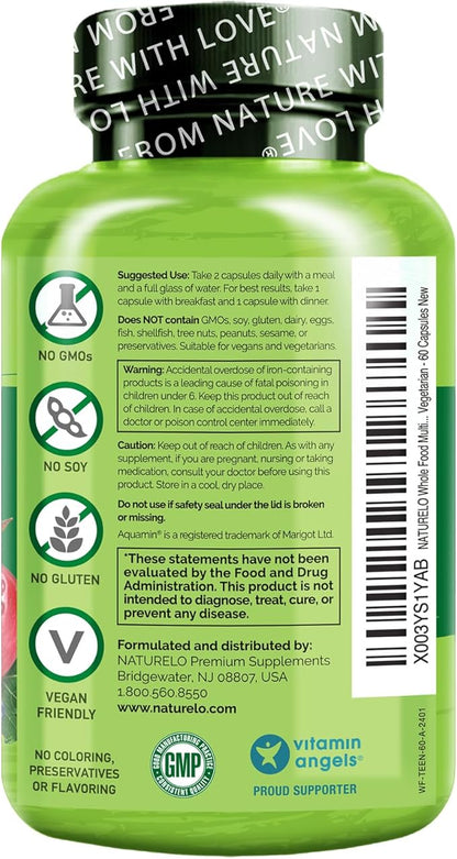 NATURELO Whole Food Multivitamin for Teens - Vitamins and Minerals for Teenage Boys and Girls - Supplement for Active Kids - with Organic Whole Foods - Non-GMO - Vegan & Vegetarian - 60 Capsules