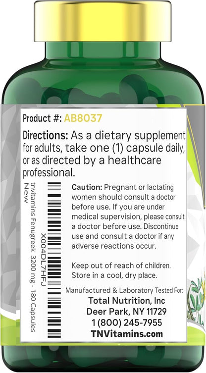 Fenugreek Capsules: 3200 mg - 180 Capsules | Fenugreek Supplement for Men & Women | Fenugreek Seed Powder Extract | Non-GMO | Made in The USA!