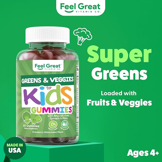 Feel Great Super Green Gummies for Kids | Fruit and Vegetable Gummies | Vegan Veggie Gummy Multivitamin for Kids | Veggie Fiber Supplement | 60 Count