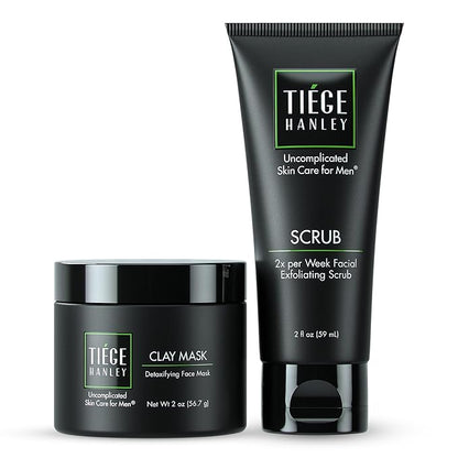 Tiege Hanley Mens Detoxifying Facial Clay Mask & Exfoliating Face Scrub Set, Detox Bundle - Deep Pore Cleansing Facial & Body Mask - Facial Scrub Exfoliator for Men that Reduces Appearance of Pores