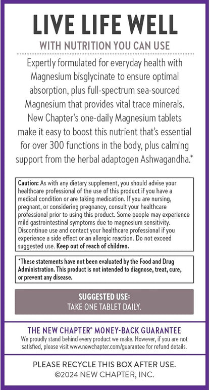 New Chapter Magnesium + Ashwagandha Supplement, 325 mg with Magnesium Glycinate, 2.5x Absorption, Muscle Recovery, Heart & Bone Health, Calm & Relaxation, Gluten Free, Non-GMO - 60 ct (2 Month Supply)