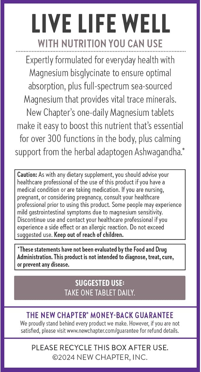 New Chapter Magnesium + Ashwagandha Supplement, 325 mg with Magnesium Glycinate, Calm & Relaxation, Muscle Recovery, Heart & Bone Health, 2.5x Absorption, Gluten Free, Non-GMO - 30 ct (1 Month Supply)