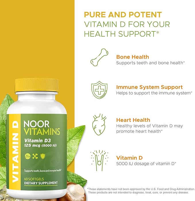 Noor Vitamins Halal Vitamin D, Halal Vitamin D3, 5000 IU Softgels, Supports Bone, Immune & Heart Health, from Safflower Oil to Maximize Absorption, Non-GMO, Gluten Free & Halal (60 Count)…