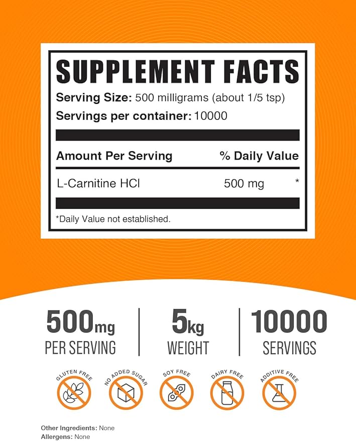 BulkSupplements.com L-Carnitine HCl Powder - Carnitine Supplement, Carnitine Powder, L-Carnitine 500mg - Unflavored & Gluten Free, 500mg per Serving, 5kg (11 lbs) (Pack of 5)