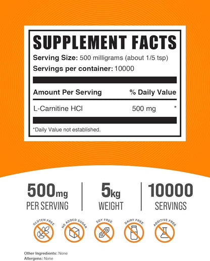 BulkSupplements.com L-Carnitine HCl Powder - Carnitine Supplement, Carnitine Powder, L-Carnitine 500mg - Unflavored & Gluten Free, 500mg per Serving, 5kg (11 lbs) (Pack of 5)