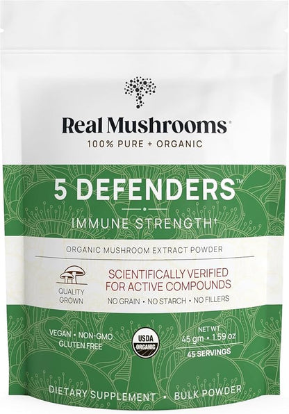 Real Mushrooms 5 Defenders Powder - Organic Mushroom Extract w/ Chaga, Shiitake, Maitake, Turkey Tail, & Reishi - Mushroom Supplement - Vegan, Non-GMO, 45 Servings