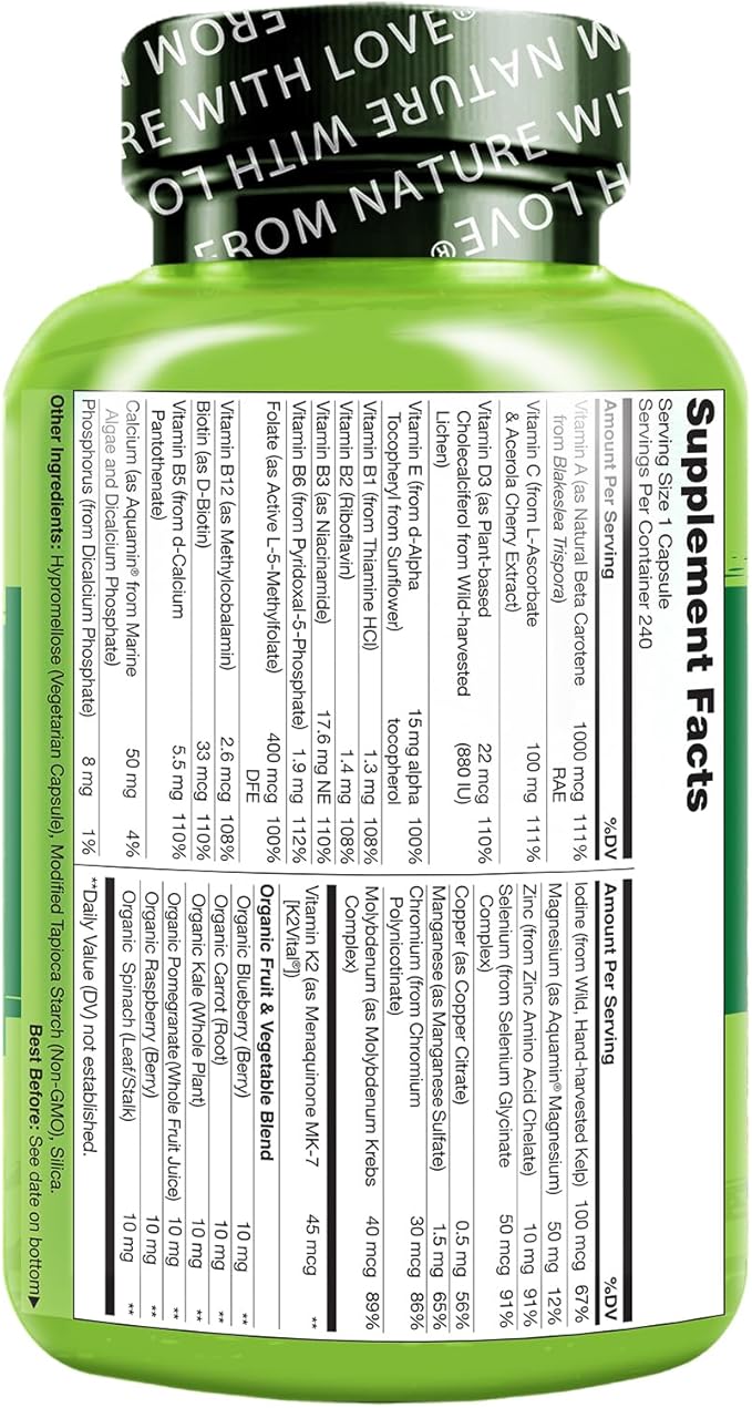 NATURELO Mens Multivitamins - One Daily Multivitamin for Men with Vitamins, Minerals & Organic Whole Foods, Boost Energy & Health, Non-GMO, 240 Vegetarian Capsules