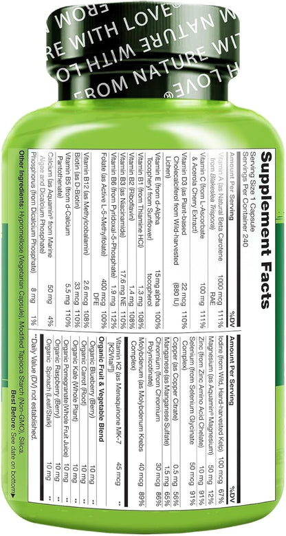 NATURELO Mens Multivitamins - One Daily Multivitamin for Men with Vitamins, Minerals & Organic Whole Foods, Boost Energy & Health, Non-GMO, 240 Vegetarian Capsules