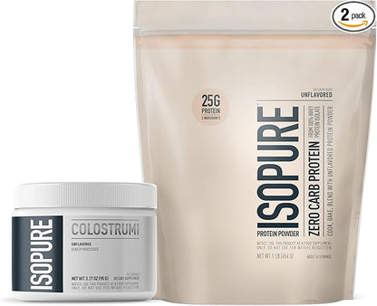 Bundle of Isopure Bovine Colostrum Supplement Powder 90 Servings + Isopure Unflavored Protein, Whey Isolate, 25g Protein, Zero Carb, 16 Servings, 1 Pound (Packaging May Vary)