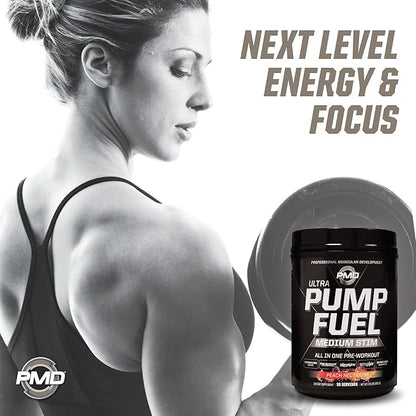 PMD Sports Ultra Pump Fuel - Pre Workout Drink Mix - Energy, Strength, Endurance, Recovery - Complex Carbohydrates and Amino Energy-Peach Nectarine (30 Servings)