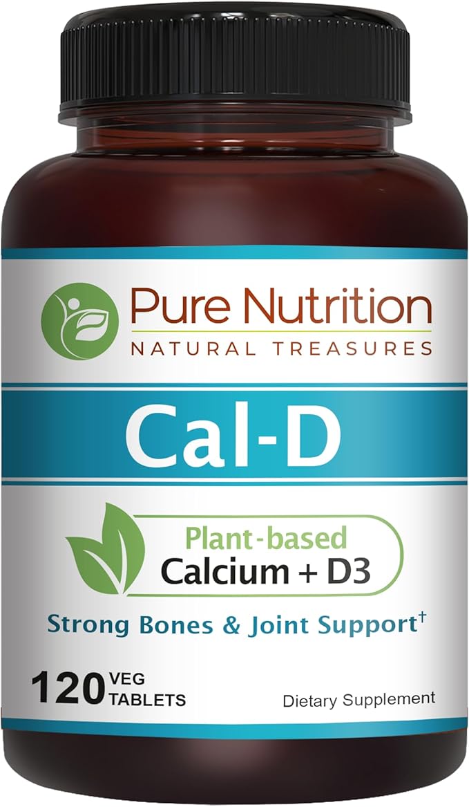 Pure Nutrition Cal D - Plant Based Calcium with Vitamin D3 K2 and Magnesium. Vegan Calcium Supplement with 500mg Elemental Calcium per Serving. Algae Calcium Supplement for Bone Health | 120 Tabs