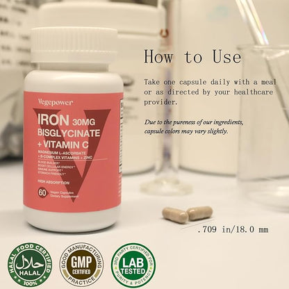 Iron Bisglycinate Supplement for Women & Men - 30mg Iron Pills with Vitamin C, B12, Folic Acid - Chelated Iron for Anemia, Blood Builder - High Absorption, Gluten-Free, Non-GMO - 60 Vegan Caps