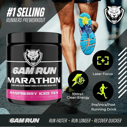 6AM Run Marathon, Pre Workout Powder for Distance Running, High Energy Amino Formula, for Cardio and Stamina, No Jitters, All Natural, Keto, Vegan, Peach Mango Flavor, 40 Servings