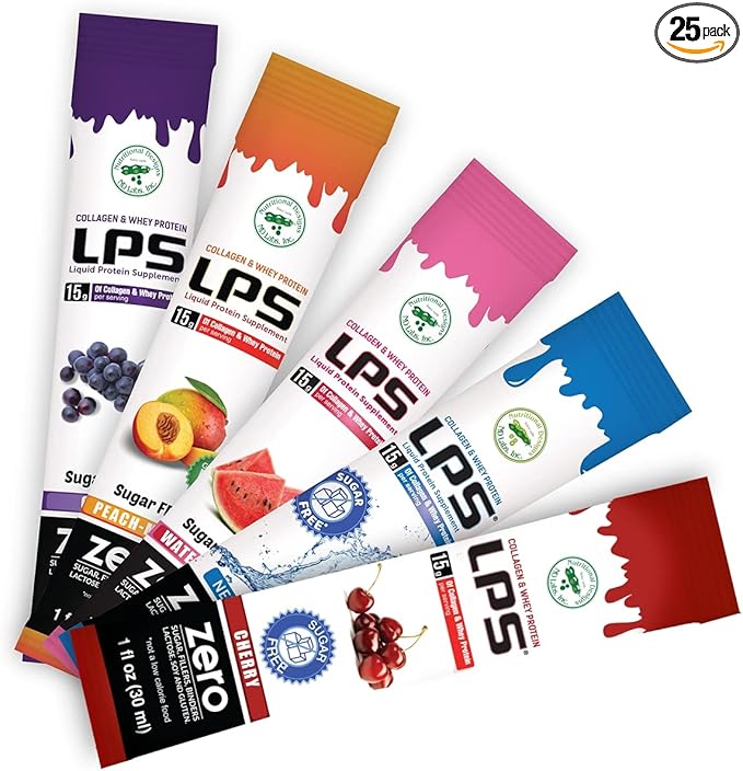 Nutritional Designs LPS Liquid Collagen & Whey Protein Supplement - Non-GMO Drink, Sugar-Free - Promotes Healthy Skin & Hair for Men & Women, Single Serve (Variety Box, 60 Packets)