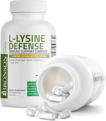 Bronson L-Lysine Defense Immune Support Complex 1500 MG L-Lysine Plus Olive Leaf, Garlic, Vitamin C and Zinc - Non-GMO, 250 Vegetarian Capsules