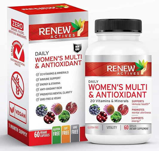 Renew Actives Women's Multi-Vitamin & Antioxidant: Daily Health Supplement - 22 Vitamins & Minerals for Energy and Mental Alertness - 60 Capsules
