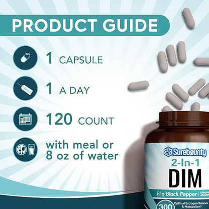 DIM Supplement 300mg for Women & Men, Estrogen Balance & Metabolism, Hormone Balance, Menopause Support, Energy Maintainence, High Absorption with Black Pepper Extract, 120 Caps