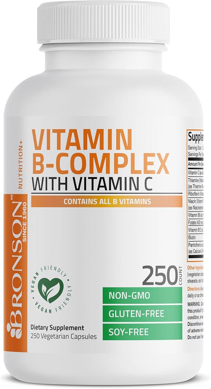 Bronson Vitamin B Complex with Vitamin C - Immune Health, Energy Support & Nervous System Support - Non-GMO, 250 Vegetarian Capsules