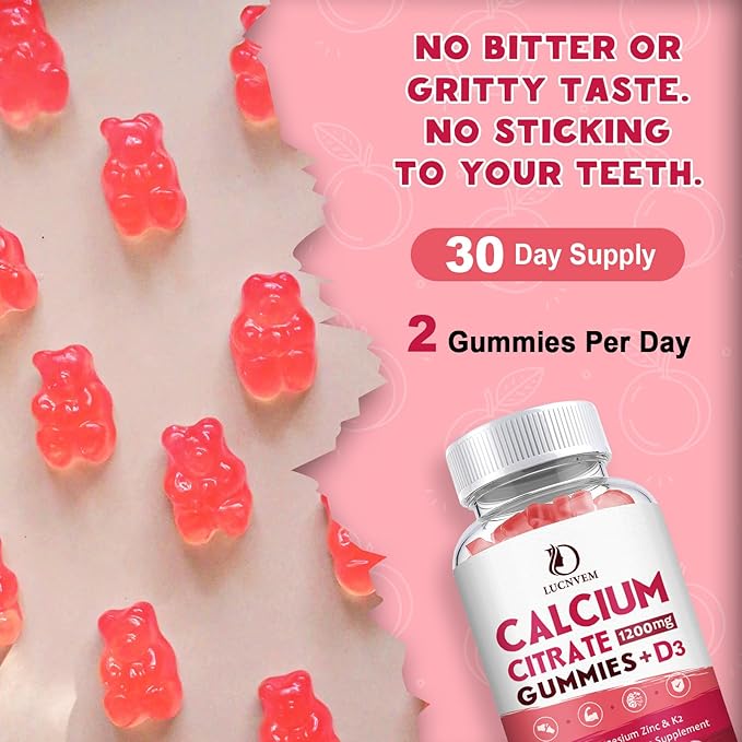 Calcium Citrate 1200mg with Vitamin D3 Gummies, Calcium Gummies with Vitamin D3 for Women & Men, Calcium Magnesium Zinc for Bone Muscle Healthy- Natural White Peach Flavor- 30 Day Supply