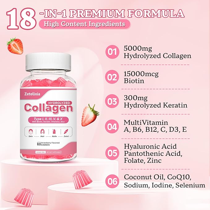 Sugar Free Collagen Gummies for Women Men, 5000mg Hydrolyzed Collagen Peptide I,II,III,V,X with 15000mcg Biotin, Keratin, Vitamin C A B D E for Skin Hair Nails Joints, Immunity Energy Digestion