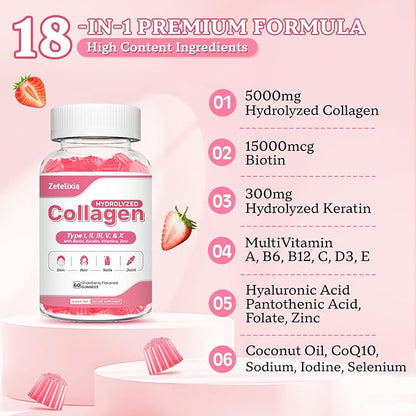 Sugar Free Collagen Gummies for Women Men, 5000mg Hydrolyzed Collagen Peptide I,II,III,V,X with 15000mcg Biotin, Keratin, Vitamin C A B D E for Skin Hair Nails Joints, Immunity Energy Digestion