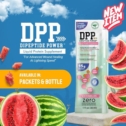 Nutritional Designs DPP Dipeptide Power Liquid Collagen & Whey Protein Supplement, Sugar-Free, Promotes Healthy Skin & Hair for Men & Women, Watermelon, Single Serve Packet, 1 oz (50 Packets)