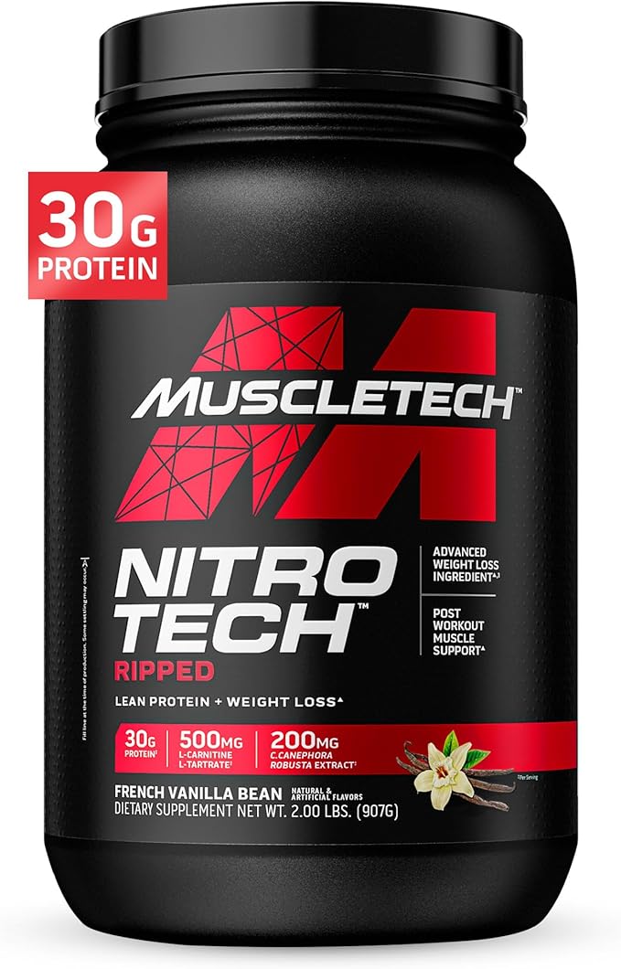 Muscletech Whey Protein Powder (French Vanilla Bean, 2LB) - Nitro-Tech Ripped Whey Protein Isolate & Peptides Smoothie Mix for Lean Muscle & Fast Recovery - 30g of Whey Protein for Women & Men