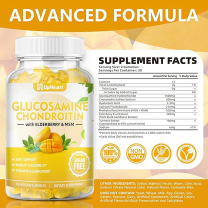 Sugar Free Glucosamine Chondroitin Gummies, Extra Strength 1500mg Glucosamine with Chondroitin MSM & Elderberry & Turmeric, Joint Support Supplement for Men & Women Move Free Joint Health