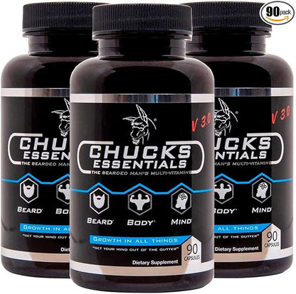 Chucks Essentials V3.0-3 Month Supply - The Bearded Mans Multivitamin are 90 Capsules, for Growing Beard, Loaded with The Vitamins, Nutritional & Minerals Supplements V3 for Thicker & Stronger