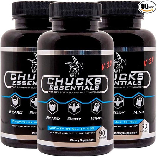 Chucks Essentials V3.0-3 Month Supply - The Bearded Mans Multivitamin are 90 Capsules, for Growing Beard, Loaded with The Vitamins, Nutritional & Minerals Supplements V3 for Thicker & Stronger