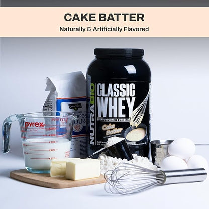 NutraBio Classic Whey Protein Powder- 25G Protein Per Scoop - Full-Spectrum Amino Acid Profile - No Fillers, Artificial Colors, Preservatives - Low Glycemic Index - (Cake Batter, 2 Pounds)