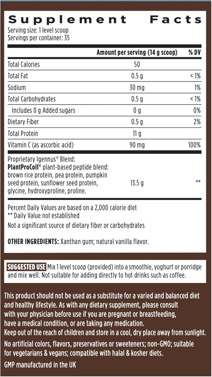 Advanced Vegan Vanilla Collagen Peptide Powder, Enhanced with Glycine, Proline & Hydroxyproline & Cofactor Vitamin C, Non GMO, Vegetarian Plant Based Collagen Powder Booster, 35 Servings, by Igennus