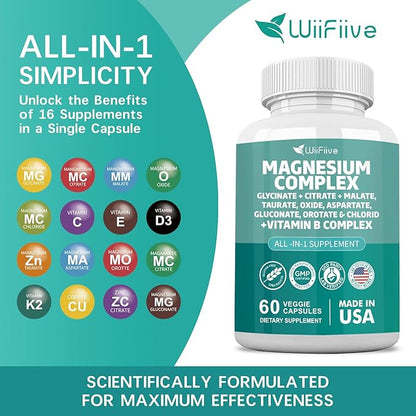 Magnesium Complex Supplement, Clycinate 141mg Oxide 228mg Malate 58.5mg Citrate 62.4mg with Orotate Glycina Taurate Chloride Aspartate Gluconate Vitamin B, Max Absorption, Gluten-Free, Non-GMO