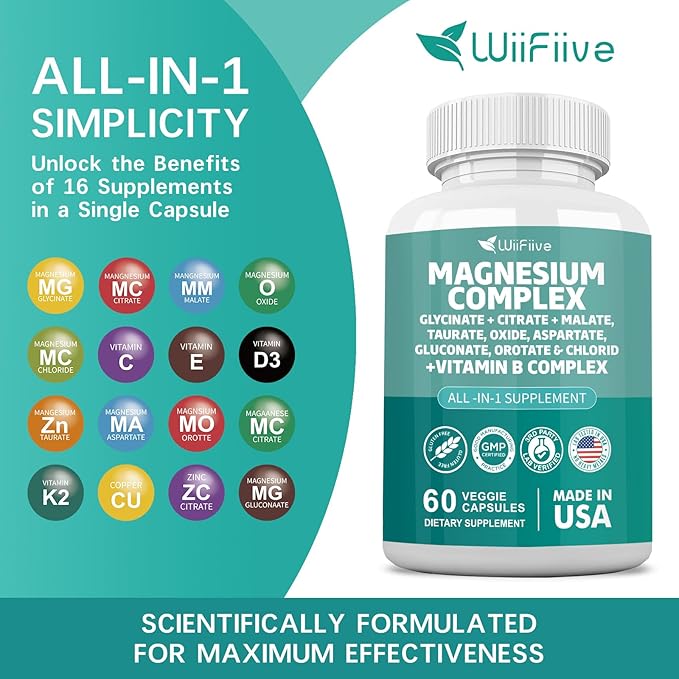 Magnesium Complex Supplement, Clycinate 141mg Oxide 228mg Malate 58.5mg Citrate 62.4mg with Orotate Glycina Taurate Chloride Aspartate Gluconate Vitamin B, Max Absorption, Gluten-Free, Non-GMO