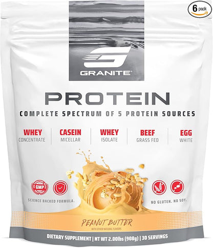 Granite Protein Powder | Whey Isolate & Concentrate| Casein for Lean Muscle Building & Workout Recovery | 30 Servings | Egg & Grass Fed Protein | 23g Protein from 5 Sources | Peanut Butter Flavor