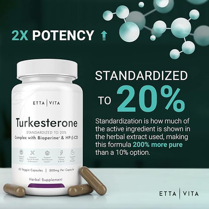 Potent Turkesterone Supplement, 2X Pure (Made in USA - 3rd Party Tested) Most Bioavailable and Natural Test Support Supplement, Supports Energy, Lean Muscle Growth, Recovery and Stamina, Vegan (60ct)