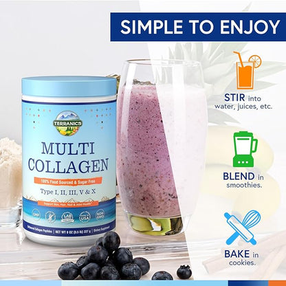 Terranics Multi Collagen Peptides Powder, Type I II III V X Collagen for Women & Men, Collagen Supplements for Skin, Nail, Hail & Joint, Easy to Dissolve, Unflavored, No Sugar, Keto, 8oz