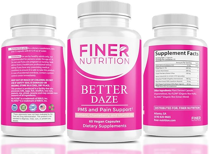 Better Daze- PMS Relief Supplements and Hormonal Support For Women 18+ with Vitamin B6, 60 Capsules