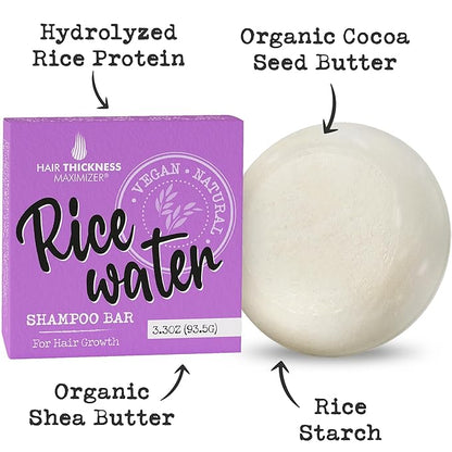 Rice Water Shampoo Bar for Hair Growth, Strengthening, Moisturizing. Eco Friendly, Vegan, USA Made. Color Safe, pH Balanced. No Harsh Chemicals or Plastic. Higher Concentration Than Liquid