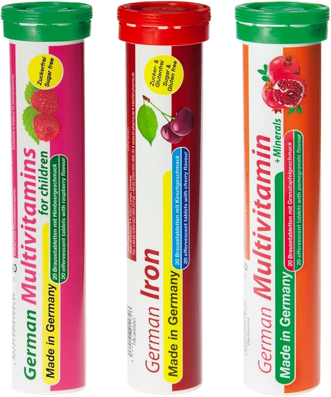 German Pink Power Package 60 Servings - Vegan, Zero Sugar - Drink Effervescent Tablets - Iron and Multivitamin - T&D Pharma - Made in Germany