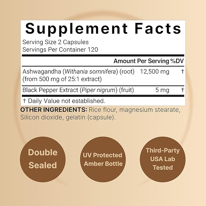 NatureBell Ashwagandha 12,500 mg Equivalent with Black Pepper, 240 Capsules | High Absorption Complex – Extra Strength 25:1 Root Extract – Adaptogens Supplements for Relaxation – Non-GMO