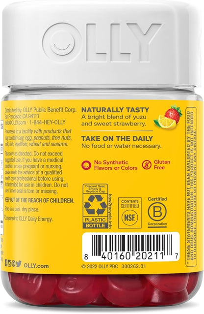 OLLY Extra Strength Daily Energy Gummy, Caffeine Free, 1000mcg Vitamin B12, CoQ10, Goji Berry, Adult Chewable Supplement, Berry Yuzu Flavor - 60 Count